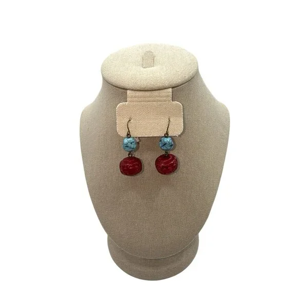 Vtg Turquoise Red Stone Wood Dangle Festival BOHO Southwestern Earrings - Picture 4 of 5